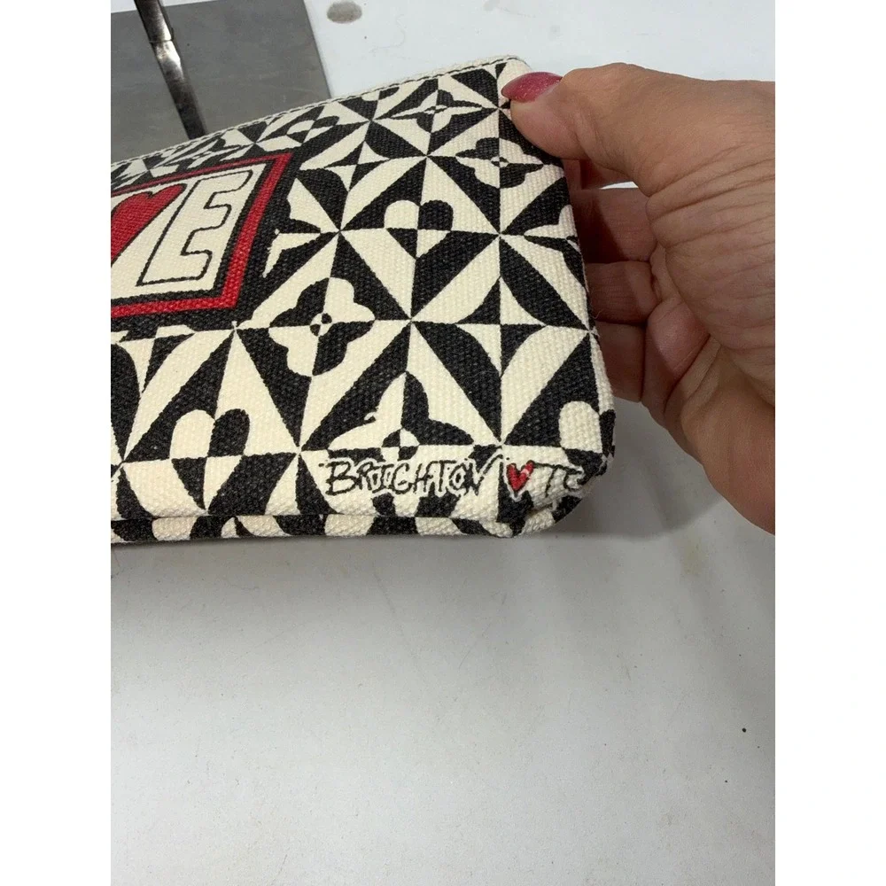 Brighton LOVE Heart Geometric Canvas Zipper Pouch Cosmetic Bag Black Cream Red